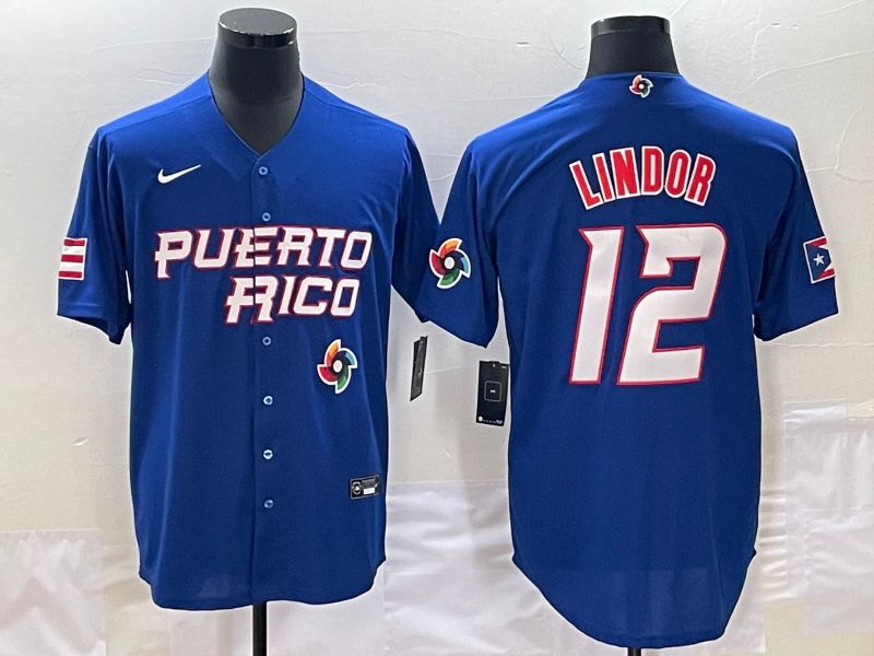 Men 2023 World Cub Puerto Rico 12 Lindor Blue Nike MLB Jersey9